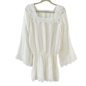 Alexis White Linen Square Neck Bell Sleeve Lace Trim Mini Dress Cover-Up Small